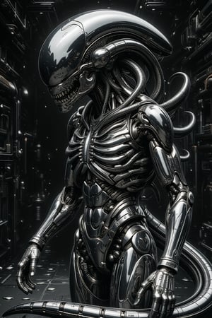 Hyperrealistic render of an Alien Xenomorph entirely composed of liquid mercury. Its sleek, biomechanical form constantly shifts and ripples, maintaining the iconic Xenomorph shape. Highly reflective surface mimics perfect mirror finish, reflecting distorted images of its surroundings. Elongated head, ribbed torso, and segmented limbs all gleam with metallic fluidity. Double jaw and deadly tail are distinguishable yet merged seamlessly with the liquid body. Environmental reflections create an otherworldly, chrome-like effect across its form. Droplets of mercury occasionally separate and reabsorb into the main body. Posed in a threatening stance against a dark, industrial background. Dramatic lighting emphasizes the creature's reflective properties. 8K resolution, ray tracing, photorealistic textures.