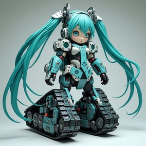 Hatsune Miku with caterpillar tracks lower body, Upper body maintains Miku's iconic look,teal twin-tails, futuristic sleek armor resembling her classic outfit, blue eyes with digital displays,

Lower body transforms into robust tank-like treads, Mechanical joints connect humanoid torso to tracked base. Treads adorned with musical note patterns,
 Teal energy trails from hair and tracks. Blend of cute pop idol aesthetics with heavy mecha design.
Detailed mechanical parts, glossy armor plates. Contrasting soft curves of Miku's design with angular industrial lower body.,ct-identity