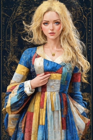 gold foil stamping art,art nouveau style,flat Illust,beautiful blonde lady, Official Art, Art Station, Beautiful and Aesthetic, One Girl, Highly Detailed, (patchwork style dress),
A Scandinavian woman of supernatural beauty,
Full body, looking at the viewer, (model pose: 1), cowboy shot,photo_b00ster