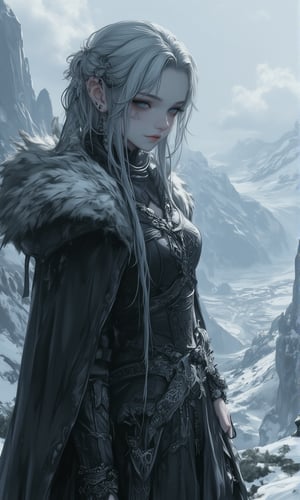 
Extreme detailed,ultra Realistic, beautiful young ELF lady,platinum silver shining hair, long elvish braid, side braid, blue-grey eyes,elf ears, Wearing Celtic leather Armor, hooded cloak, animal fur hood, intricate clothing, animal fur clothing, dark clothing, waistband, scarf, soft smile, bending posture, looking into the distance, snowy mountain scenery, overlooking valley, river, white clouds,Midjourney_Whisper