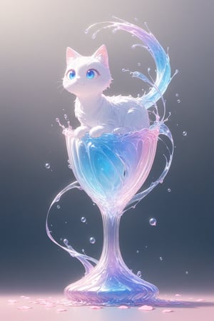 "Elegant crystal glass vase, graceful curves,Filled with marbled orange and white liquid forming a cat shape. Cat has large eyes and long tail. Fluid feline silhouette with wavy, dynamic motion. Pastel flower petals floating around the vase. Soft pink gradient background. Anime-style thin linework and vibrant colors. Glossy textures. Hyper-detailed 8K resolution. Masterpiece, best quality, sharp focus,watce