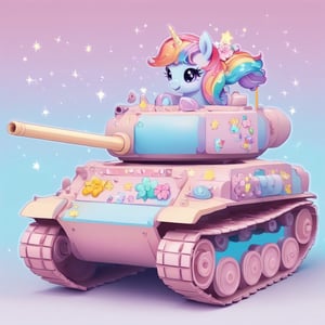 A tank themed after My Little Pony, adorned with pastel colors and adorned with playful pony motifs. Its turret features a vibrant rainbow mane, while its body is decorated with images of cute ponies prancing amidst colorful flowers and sparkling stars. Despite its formidable appearance as a tank, it exudes an aura of whimsy and charm, blending the worlds of military might and magical fantasy.,kawaiitech