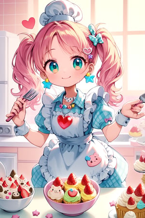 1girl,vtuber anime character design,
adorably kawaii girl cooking in a pastel pink kitchen. She wears a puffy-sleeved dress with a heart-patterned, frilly gingham apron in baby blue and white. Her rosy cheeks dimple as she smiles sweetly, eyes sparkling like stars. Fluffy pigtails tied with oversized polka-dot bows bounce as she stirs a bowl. Colorful, star-shaped sprinkles float magically around her. She wears strawberry-shaped earrings and a cupcake necklace. The kitchen is decorated with smiling anthropomorphic utensils and appliances. A happy sun peeks through heart-shaped windows. Pastel rainbow-colored cupcakes cool on the counter. Tiny, kawaii animals in chef hats assist her,

LOVE+PIECE+ICECREAM! The fancy I'm looking for all over the world Holding a sweet,
 melting miracle in your hands LOVE...CHOP!! ,
L・O・V・E・&・P・E・A・C・E・& Our HOT and COOL DIVA！,
HEY! You KNOW! Ice cream! How great! Mellow and Glow LIKE A Fever！
 Kissable and solid flavor！,
 fighting is NO-GOOD!
 Topping strawberry with love Boring! 
The important thing is These are the three things I'm going to tell you!,………LOVE+PIECE+ICECREAM！
,anime style,anime girl,future0615,source_anime,frills