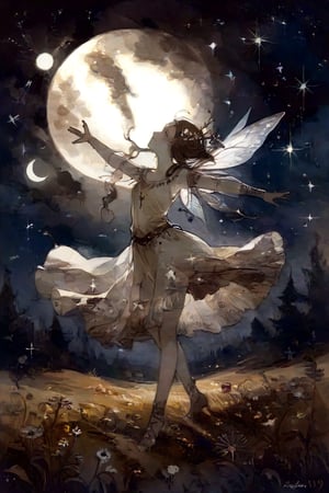 fairy tale illustrations,Simple minimum art, 
myths of another world,Perfect sky, moon and shooting stars,moon on face,
pagan style graffiti art, aesthetic, sepia, ancient Russia,(holy bard),
A female shaman,
 warm sunlight,Golden meadow, girl dancing in the meadow,
watercolor \(medium\),DonMP4ste11F41ryT4l3XL,