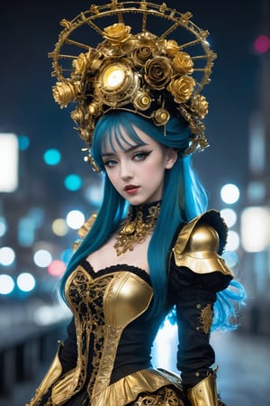 1girl,cyber eyes, hair that glows blue
,A girl in a cyber-gothic Lolita outfit, donning an elaborate metallic gold attire, poses in front of a dark, cityscape backdrop. Her dress, adorned with futuristic patterns, ruffles, and intricate lace details, shines like polished armor under dim, blue-ish lighting. Gold-plated lace gloves, choker, and knee-high boots complement her ensemble, exuding a mix of Victorian refinement and high-tech flair. A gold filigree bonnet, complete with mechanical roses, crowns her head, while golden highlights dance across her hair. The overall effect is a striking fusion of elegance and futurism.,FuturEvoLab-lora-mecha,goth person