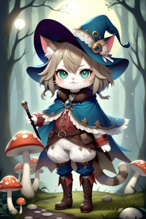 Adorable Cat Sith fairy, dressed as Early Modern European musketeer, feline features with mystical aura, large expressive eyes, whiskers, pointed ears, wearing plumed cavalier hat, ornate doublet with lace collar, cape, breeches, and tall boots,magical sparks around paws, forest glade background with mushroom circles, misty atmosphere, moonlit scene, detailed fur textures, blend of photorealism and whimsical fantasy style