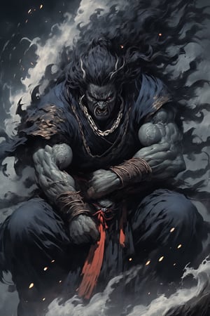 Japanese ancient mythology portrays Susano'o, the god of storms and destruction. He is often depicted as a powerful and tempestuous deity, known for his tumultuous personality and impulsive behavior. Susano'o's actions frequently bring chaos and upheaval, yet he also possesses the capacity for great bravery and heroism. Despite his penchant for destruction,enhancing the opulent yet rebellious aesthetic. ,dal