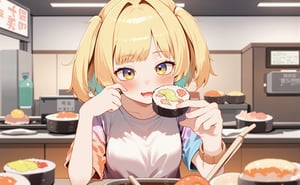 1 girl, cute girl eating nigiri sushi, 8K resolution, photorealistic style. Short blonde hair styled in a trendy bob cut. Bright, expressive eyes wide open with delight. She is wearing a casual, colorful t-shirt, holding a nigiri sushi in one hand, ready to take a bite, mouth slightly open revealing a glimpse of her teeth. Her cheeks are slightly puffed out to express delight. Sitting at the counter of a busy conveyor-belt sushi restaurant. In the background we can see a conveyor belt carrying colorful plates of sushi. On the conveyor we can see plates of nigiri sushi, on the counter we can see a small soy sauce dish and chopsticks. On the wall behind us is a digital menu screen. On the girl's face there is a look of pure delight and anticipation. Focus on the girl and the sushi, the restaurant environment provides context.