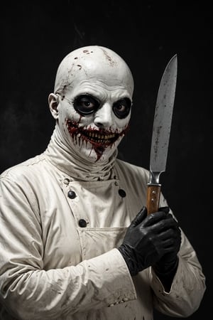 Necrobutcher, presence of fear, butcher of hell, holding a square knife in his hand with an eerie expression on his face, body without skin, protruding eyeballs.An eerie white leather mask covers his mouth.,BloodOnScreen