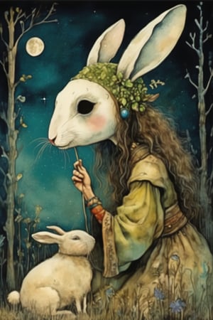 fairy tale illustrations,Simple minimum art, 
myths of another world,Perfect sky, moon and shooting stars,moon on face,
pagan style graffiti art, aesthetic, sepia, ancient Russia,(holy bard),
A female shaman,(wearing a rabbit-faced mask),nodf_xl, in the style of esao andrews,rabbit kissing sheep,
watercolor \(medium\),jewel pet,acidzlime