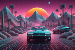 ultra Realistic 1980's wireframe Retro CG style,Logic hologram wireframe World,
(wireframe hologram Mountain),(hologram wire framered Rising sun),hologram Palm tree,hologram muscle car,
,3D Mesh,3D mesh digital Matrix,Clear Glass Skin,GLASS,Matrix code,Amidst the dynamic world of 3D design,retropunk style