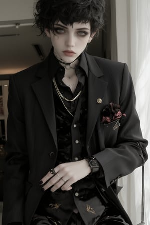 Solo,Real,nasty man, aesthetic French gentleman, emo aristocratic style, short hair,eye shadow,emo Gothic makeup, chic black business suit with polka dot tie, 
black manicure finger,(luxury golden lapel pin chain), Flower handkerchief in chest pocket, Slender man with long legs and tall stature,Handsome boy,lyh,dal,gothic-chic_style