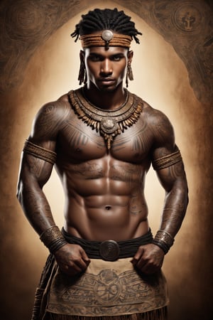 A robust ancient African warrior adorned with intricate tattoos, showcasing a rich tapestry of cultural symbols and tribal artistry. The warrior's physique reflects strength and resilience, and the tattoos, carefully etched across their body, tell stories of heritage, achievements, and rites of passage. This representation celebrates the ancient traditions and artistry of African warriors, creating a visual tapestry that captures both strength and cultural identity.,Stylish