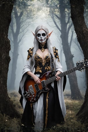 striking female elf,elf ear, stands center stage, embodying both ethereal beauty and dark majesty. She wears an ornate priestly robe in white and gold, its intricate embroidery depicting ancient elven runes and celestial symbols. The robe's high collar frames her face, accentuating her sharp elven features. Her face is adorned with elaborate corpse paint, stark white with black designs that highlight her otherworldly beauty and fierce expression. Long, silver hair cascades down her back, adorned with delicate golden leaves. In her hands, she wields a jagged electric guitar, its body crafted by master elven artisans. The guitar gleams with a dark, metallic sheen and is adorned with intricate carvings of mythical beasts. She stands on a misty forest stage, ancient trees looming in the background.