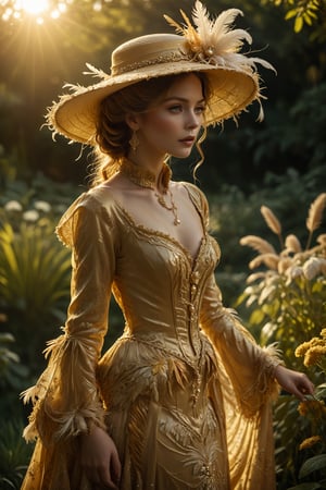 A woman wears a 19th century morning dress with intricate details that exudes luxury and elegance.
The dress is beautiful and golden, the wide-brimmed hat decorated with feathers, silk and strings of pearls is reminiscent of the luxurious fashion of the dynasty era, and the lush garden is illuminated by the golden light of the morning sun. It stands, is a beauty that captures the essence of 19th century elegance and splendor,crystalline dress