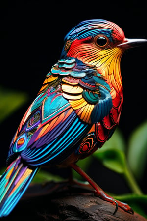 A small bird, with the most intricate patterns in the world. Its feathers display a mesmerizing array of colors, forming elaborate designs that seem to shift and dance as it moves. Each feather is a masterpiece of nature's artistry, with patterns reminiscent of intricate mandalas and fractals. The bird's wings flutter gracefully, showcasing the stunning symmetry and complexity of its plumage. This avian wonder captivates all who behold it, a living embodiment of nature's boundless creativity and beauty.,gbaywing,glass shiny style