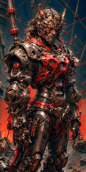 Extreme Detailed,Solo､man wearing Extreme Detailed high-tech fluted armor,((oni style))､No human,(a lower body is horSe,centaur style:1.2),oni mask,
mechanical high-tech Futuristic Maximillian armour,metallic RED and silver color､full Face armour,combination sallet and bevor helm,fullbody shot､
,mecha