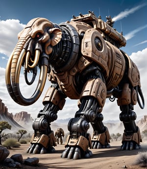 Extreme detailed, ultra Realistic, futuristic,gigantic Mammoth with a high-tech Gatling gun on its back,large MISSILE pod, large Gatling gun, fire, high-tech cybernetics Mammoth,(four legs:1.4), ULTRA Real, Realistic, military,