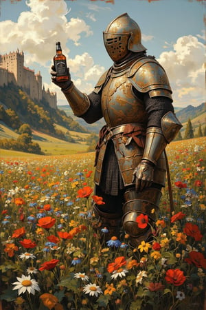 Renaissance-style oil painting of a lush flower field with a knight. Vibrant colors and soft lighting reminiscent of Botticelli. Knight wears pristine Maximilian-style full plate armor, highly detailed with fluting and ornate engravings. Standing amidst colorful wildflowers - poppies, daisies, and cornflowers. Knight's visor is up, revealing a noble face gazing lovingly at a bottle of Jack Daniel's whiskey held in his gauntleted hand. Contrast between medieval armor and modern whiskey bottle. Background shows rolling hills, distant castle, and picturesque sky with fluffy clouds. Painting technique mimics Old Master style: fine brushstrokes, glazing, and sfumato. Golden afternoon light adds warmth and depth. Composition balances realism of armor with whimsical nature of scene. Intricate details in both armor and floral elements. Surreal juxtaposition of historical accuracy and anachronistic element.,Medievalx