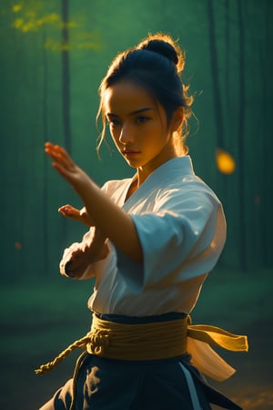 A dedicated kung fu master,a striking Nordic woman,
 engages in rigorous training, surrounded by serene landscapes that reflect the essence of ancient martial arts,
skilled practitioner,  embodies strength and elegance in her movements. Her disciplined practice aims to attain profound martial wisdom and mastery,The scene captures the fusion of martial arts ,rebevelin