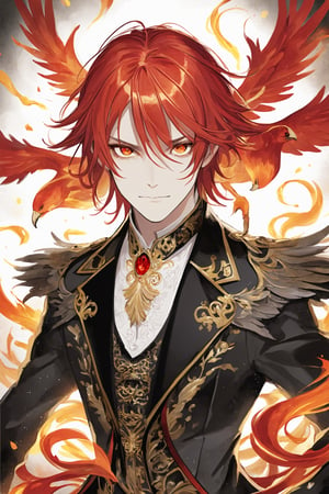 stunning visual kei man, resembling a phoenix. He has fiery red and gold hair, intense glowing eyes, and an elaborate gothic outfit with velvet, embroidery, and feathered accents. His high-collared jacket and accessories feature phoenix motifs, exuding grace, power, and an aura of immortality