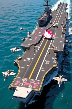 A cute aircraft carrier,with a whimsical Sanrio character design, the carrier is painted in pastel pinks, blues and yellows and features a large painting of Hello Kitty smiling out from the side on the hull. The flight deck is decorated with a Sanrio-themed runway and is adorned with tiny stars, ribbons and hearts. In the center of the deck, a giant Hello Kitty bow acts as the control tower, while U.S. fighter jets are lined up preparing to take off.