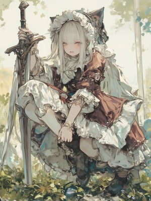 a beautiful young woman in a crouching pose, wearing an elegant brown and cream lolita dress with intricate frills and lace details. Her pure white hair falls gracefully around her delicate face. She holds a long sword planted firmly into the ground, both hands resting on its pommel. The dress features multiple layers with white ruffled underskirts, detailed trimming, and a cat-eared hood adorned with pearls. The sleeves are puffy with white fabric and detailed cuffs. She is positioned in a natural setting with soft sunlight filtering through foliage, creating a dreamy atmosphere. Her pose suggests both grace and strength, while her expression remains serene yet determined. The sword appears ceremonial yet battle-ready with detailed metalwork. Best quality, natural lighting, soft bokeh background, detailed fabric textures, photographic style, clear focus on the subject,fantasy girl