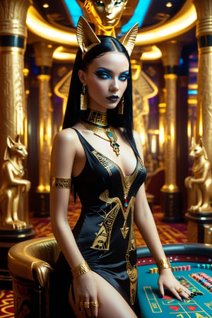 1girl,solo,Sexy  woman, in Bastet-inspired dress at Egypt-themed casino. Form-fitting black dress with gold cat motifs, high slit. Cat-eye makeup, gold jewelry, Luxurious casino interior with Egyptian decor, sphinx statues, hieroglyphs. Vibrant colors, emphasis on gold and black, Dramatic lighting, photorealistic style with fantasy touch.,Gothic,goth girl, goth girl 1girl,EgyptPunkAI,(PnMakeEnh),Casino Background