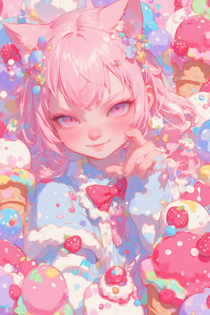 Vibrant colorful anime-style illustration,  cheerful cat girl, long pink hair and cat ears,She's smile playfully, 
round eyebrows,
Wearing a light blue and white outfit with red bow tie,strawberry cake, ice cream cones, and musical notes. Background filled with pastel pink and purple colors. Kawaii style, highly detailed, digital art,Playful and energetic atmosphere. Chibi style elements. Sharp, crisp lines. Bright, saturated colors. 2D art style.,dal style,animaport,lyh,lyh_niji,mia