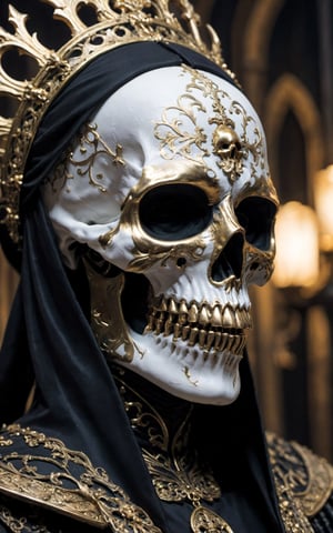 a close up of a person wearing a costume, trending on cgsociety, gothic art, gold skulls, gorgeous features, photo taken of an epic intricate, realistic cosplay, ((el dia los mue)), d & d lich, gothic wearing, amazing detail. colored, lady dimitrescu, white face paint, black mask, rick baker style, skull_graphics