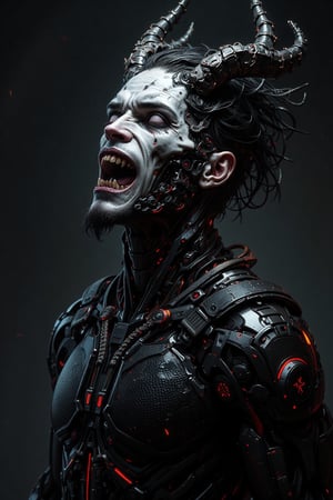 Bust-up portrait of Caucasian male cyborg vampire. Predominantly black cybernetic body with visible mechanical parts, wires, and glowing tech elements. Pale, ashen face with vampiric features. Completely white eyes, no iris or pupils. Demonic goat-like horns protruding from forehead, curving backwards. Crown of barbed wire wrapped tightly around head, digging into skin. Long, sharp fangs visible. Neck area shows transition between synthetic skin and mechanical components. Harsh, dramatic lighting emphasizing contrast between pale face and dark body. Sinister, otherworldly expression. Hyperdetailed textures: cold metal, synthetic skin, rough horn surface. Background dark and atmospheric, suggesting gothic or sci-fi setting. Blend of vampire lore, cyberpunk aesthetics, and demonic imagery..,LinzExoboneRobot,