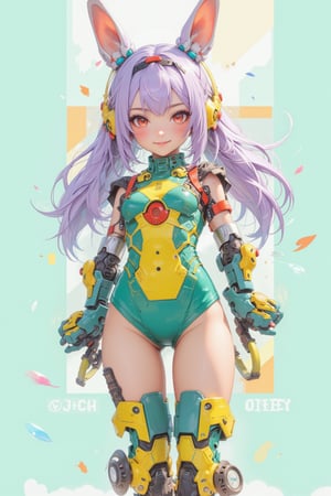 Cute anime girl,child's body shape,
 long lavender hair, bunny ears headband, mechanical costume parts, green and yellow color scheme, oversized paw gloves, thigh-high stockings, skimpy bodysuit,
futuristic bodysuit, red eyes, cheerful expression, dynamic pose, robotic limb attachments, detailed figurine style, high quality render, studio lighting, pastel background, kawaii aesthetic, cyberpunk elements, 8k resolution, hyper-detailed, official artwork,nineten,hand mecha2,sharpanime