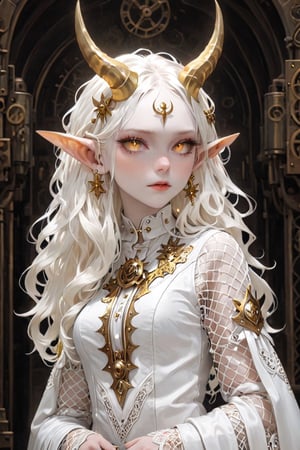 1 girl, , (masterful), albino demon little queen,(white dreadlocks,mesh fishnet blouse, (long intricate horns:1.2) ,
Alabaster skin,wearing solemn white and gold ceremonial robes,
best quality, highest quality, extremely detailed CG unity 8k wallpaper, detailed and intricate, 
,steampunk style,ani_booster