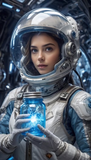 1girl, woman in high-tech space suit, through transparent visor.
beautiful face visible through transparent visor, white gloves, intricate blue mechanical vial, holding jar containing lightning, elaborate spaceship background,photo_b00ster