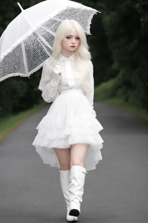 1 girl, albino  girl, with lethargic sleepy smokey eyes,white  hair,White eyebrows,((white eyelashes:1.2)),White Frilled Skirt,White Long Boots,He has a umbrella in his hand,
Walking with a parasol,
mesh fishnet blouse, ,dal,umbrella,hand holding umbrella