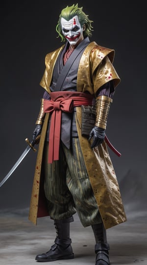 Extreme high Quality figure,
ultra Detailed,Realistic,evil smile,
Worn and dirty soiled layered luxury kimono,
golden colorful layered kimono,
dirty skin,(bathed blood),dress sloppily,multi color hair,
JOKER,wearing bulletproof vest,Excessively flashy attire,
 wearing Japan Medieval age foreigne kimono,hakama,Japanese style gaiter,fight pose,
,SAMURAI JOKER who has fought on the battlefield for a long time and considers the honor of a samurai to be his first priority,ActionFigureQuiron style