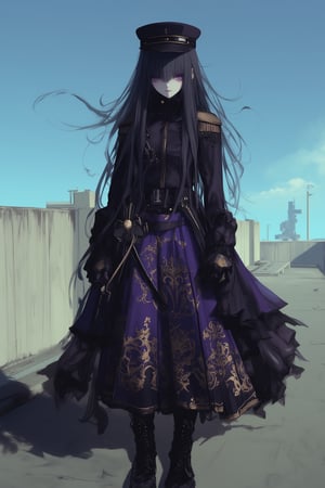 Elegant gothic lolita woman, full body portrait, 8k resolution, photorealistic. Black military style cap with gold trim. Long straight black hair blowing in the wind. Pale skin, heavy eye make-up and serious expression. Wearing a black high collar military jacket with gold embroidery and epaulettes, an elaborate purple and black skirt with an intricate gold chandelier print, a katana sword on her waist, and black lace-up boots. Standing on an abandoned concrete rooftop,blue sky in the background. Cinematic lighting shallow depth of field with focus on subject. Fantasy,dal,ct-animepopstyle