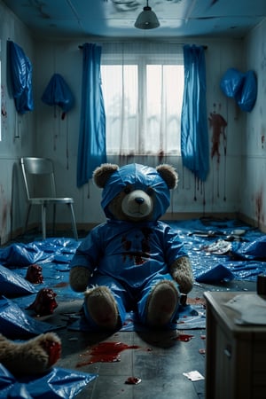 Empty room, entirely covered in blue tarpaulin, clinical atmosphere, single chair in center,
Bloodstained teddy bear t, stuffing spilling out.  cinematic framing