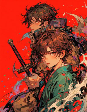 Anime-style digital illustration of two Japanese boys in a dynamic pose. Vibrant red background with splatters and colorful dots. Foreground boy: younger, determined expression, brown eyes, short messy hair. Wearing green kimono-style top, holding a curved sword. Background boy: older, serious expression, dark green hair partially covering one eye. Dark clothing, protective stance behind younger boy. Art style: mix of traditional Japanese art and modern anime. Color palette: deep reds, earthy greens, warm browns, splashes of blue and purple. Lighting: dramatic, creating contrast between figures and background. Texture: watercolor-like effects, visible brush strokes. Composition: figures slightly off-center, dynamic diagonal arrangement. Mood: intense, action-oriented. Details: floating colorful dots, hair strands moving as if in wind, fabric folds in clothing. Overall impression: beautiful, ethereal yet powerful scene with two warrior-like boys.