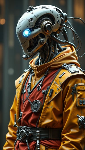 Retro style robot,android ,Wearing monk's robes, 
rosary,cyber cable,Clothing with sutras written on it,
infused with a cyberpunk aesthetic, Envision the fusion of traditional monk attire with futuristic cyberpunk elements, such as metallic accents, neon lights, and augmented features, android embodying a harmonious blend of spiritual serenity and technological advancement,tranquility of monk attire,NO HUMAN,Robotman1024,rain,ROBOT,hanxhelm,cyberpunknoirlora