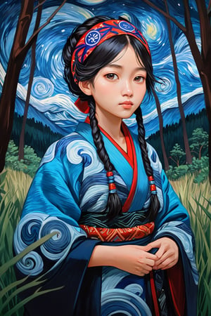 night Forest,A girl, wearing traditional Ainu clothing, depicted in the style of a Van Gogh oil painting. Her attire is rich with intricate patterns and vibrant colors characteristic of Ainu textiles, including a beautifully decorated robe and headband. The brushstrokes are bold and expressive, with swirling textures and dynamic movement reminiscent of Van Gogh's signature style. The background features a natural landscape with vivid, swirling skies and lush greenery, painted in a similarly dynamic and textured manner, enhancing the connection between the girl and her cultural heritage.",Visual_Illustration,ruanyi0715