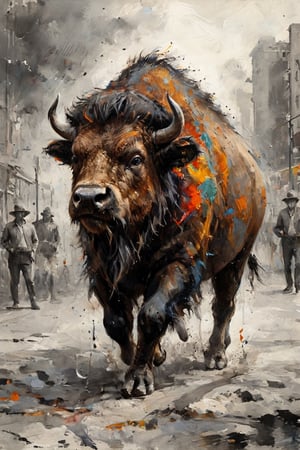 A majestic American bison, vibrant urban canvas inspired by street art. With muscular forelimbs, imagine a creature depicting the American buffalo in a dynamic and lively pose, creating the following impression: Optimize attractive compositions and create attractive, urban artwork. painted world, colorful splash, amazing quality, art station, ink, color splash, it exudes a sense of strength and resilience, embodying the untamed spirit of the wild.,ink,Animal Verse Ultrarealistic 