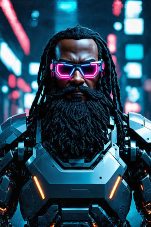 Cyberpunk-style overweight Black cyborg,fat body, Long black dreadlocks, with neon-lit cybernetic implants. Futuristic cyber sunglasses with holographic display. Long beard adorned with glowing LED lights in various colors. Bulky frame with visible mechanical parts integrated into dark skin. Wearing sleek, high-tech body armor. Robotic arm with exposed circuitry. Urban neon-lit background. Photorealistic style with sci-fi elements. 8K resolution, focus on facial features and cyborg enhancements. Blend of human and machine aesthetics