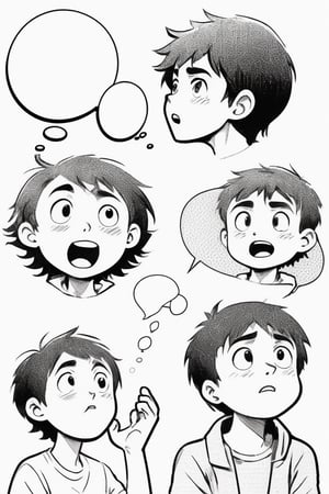 Manga_Style,Cartoonish,Rough-Hatching,Cross-Hatching, Oversimplification,Monochrome,boy,Various Static Emotions,Big Blank White Speech Bubbles ,Various Static Pose,Various Static Angle ,No Background, White Background