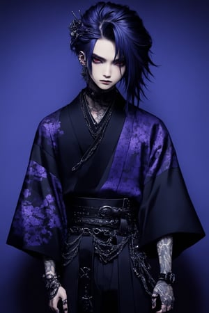 a visual-Kei male model donned in a striking blend of traditional Japanese and Gothic fashion. He wears a tailored black kimono with intricate patterns, paired with wide hakama pants that cascade gracefully. A black, corset-style obi cinches the ensemble, emphasizing a silhouette that seamlessly merges traditional and modern elements.

The hairdo mixes silver chains, ornate buckles, gothic details, traditional hairpins, dark and elaborate accessories and the colour palette is a harmonious fusion of elegance and dark sophistication in deep shades like indigo, black and crimson. The male model embodies a fascinating fusion of the richness of Japanese culture and Gothic aesthetics.