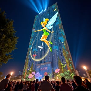 Colossal concrete skyscraper at night, its entire 100-story facade transformed by cutting-edge projection mapping. Animated Tinkerbell, 50 feet tall, pirouetting gracefully across the building's surface. Her gossamer wings span 30 feet, shimmering with iridescent blues and purples. Golden pixie dust trails behind her, creating intricate, swirling patterns that morph into blooming flowers and fluttering butterflies. Tinkerbell's blonde hair flows as she dances, her green dress sparkling.
The projected background shifts from an enchanted forest with towering trees and glowing mushrooms to an underwater scene with shimmering fish and coral. Twinkling stars and a crescent moon adorn the upper floors. Building's windows appear as firefly-lit lanterns or glowing fairy houses.
Ground-level spectators point up in awe, their faces illuminated by the display. Children on parents' shoulders reach out as if to catch falling pixie dust. High-powered projectors visible on nearby rooftops, beams of light cutting through the night air.
Surrounding city lights dimmed in comparison to the dazzling display. Occasional lens flares and light beams add photorealistic quality. Building's edges softened by the projection, creating an illusion of a magical floating structure in the urban landscape.