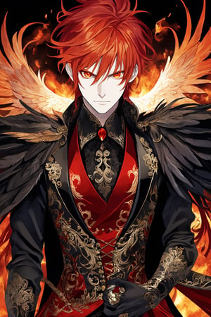 stunning visual kei man, resembling a phoenix. He has fiery red and gold hair, intense glowing eyes, and an elaborate gothic outfit with velvet, embroidery, and feathered accents. His high-collared jacket and accessories feature phoenix motifs, exuding grace, power, and an aura of immortality