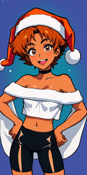 Edward (cowboy Bebop),12 years old Girl,loli,midriff, orange hair, (white loose shirt), off shoulder, 
bike shorts, brown eyes, goggles on head, 
smile, space station, engine room, hands on hips, 
standing,  upper body, Wearing Santa Claus costume,
In christmas western saloon,
 (insanely detailed, beautiful detailed face, masterpiece, best quality
 ,Santa Claus