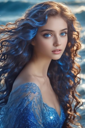 girl,endlessly captivating azure eyes, radiating beauty and depth,
 Envision her features delicately framed by cascading waves of sapphire hair, shimmering in the soft light,
Her eyes, like pools of liquid sapphire, draw you in with their mesmerizing allure, 