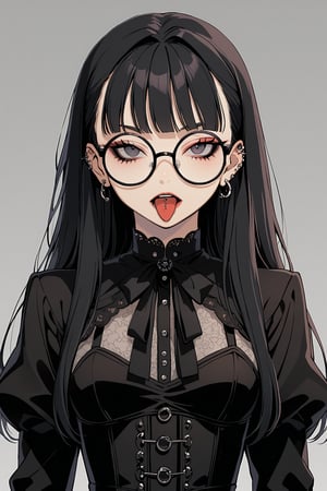 1 girl, black hair, hime cut,blunt bangs,(hair intakes),((tongue piercing)),
 ((wearing large round glasses)),dark eyeshadow, a Gothic-style sailor uniform,high school uniform,The uniform features dark colors, lace accents, and a corset-like bodice, blending traditional and alternative fashion elements,Her look is both elegant and edgy,akebi komichi,anime,goth girl,makeup